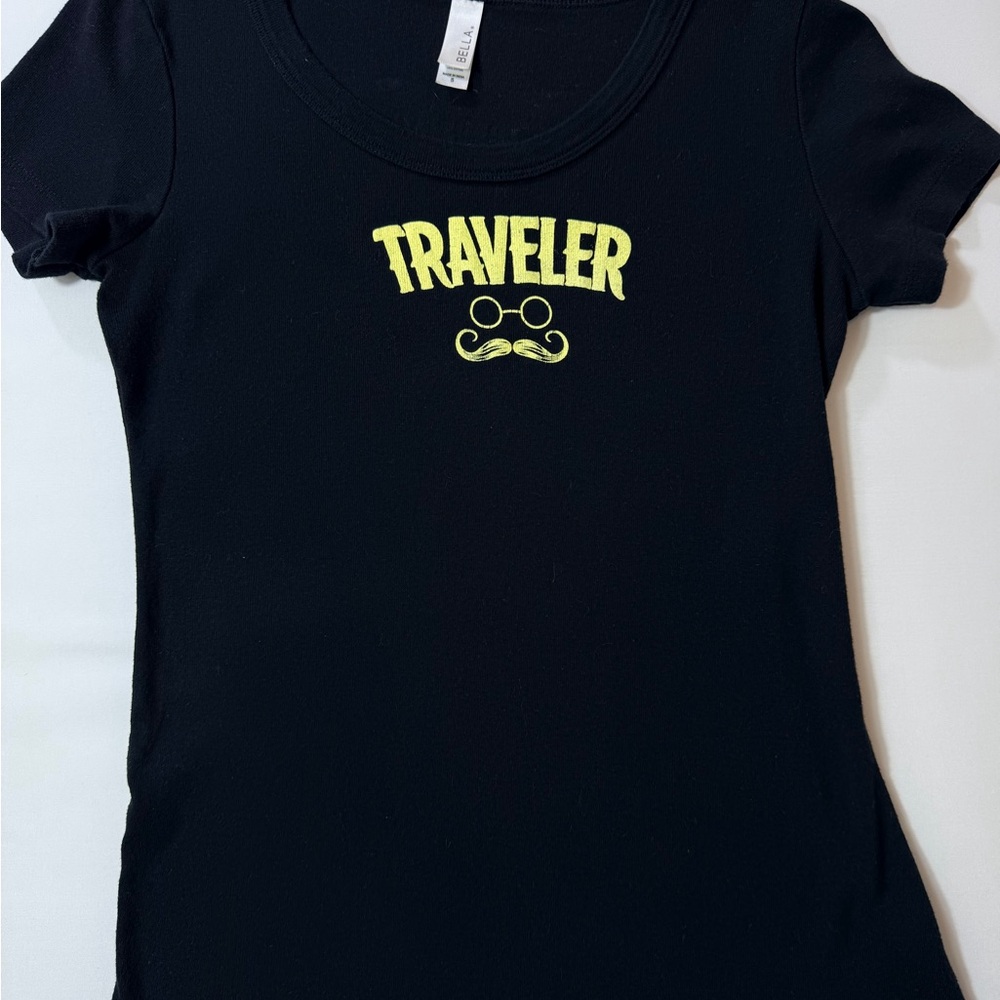 Bella Black Travel Steampunk T Shirt with Yellow Print Size Small - Picture 3 of 9